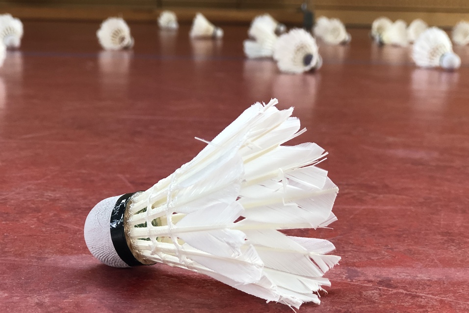 Nahaufnahme eines Federballs auf dem roten Boden eines Badmintonfeldes, umgeben von weiteren Federb&auml;llen.