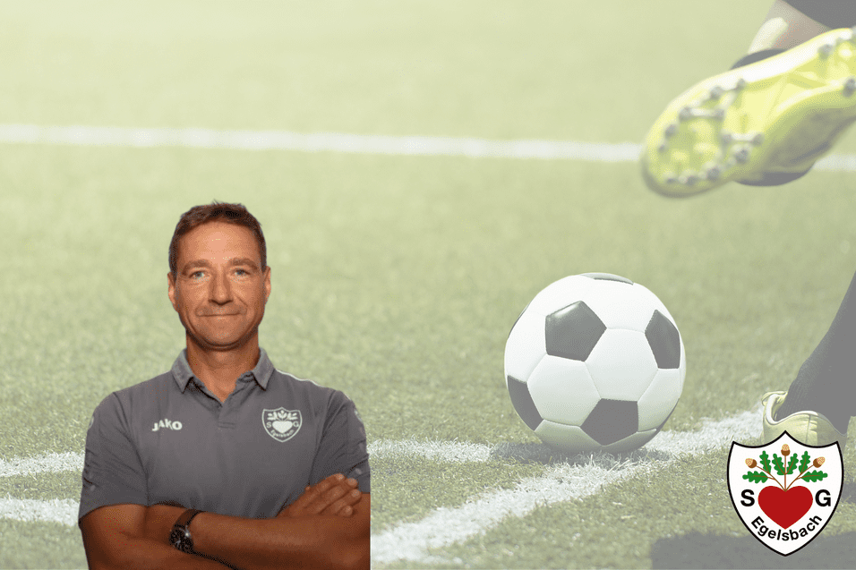 Porträt eines Fußballtrainers vor einem Feld mit einem Fußball, Logo der SG Eibelsbach unten rechts.