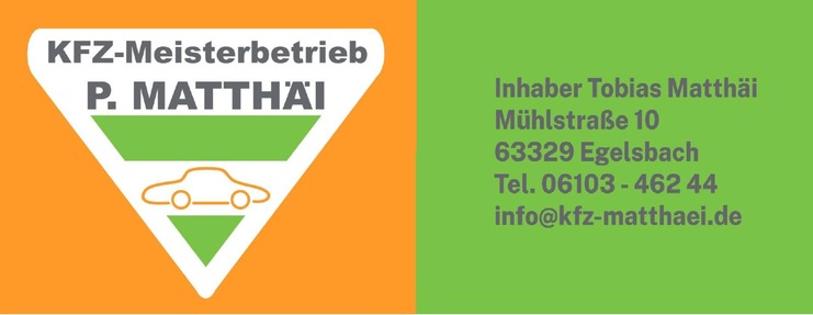Logo eines KFZ-Meisterbetriebs mit dem Namen &bdquo;P. Matth&auml;i&ldquo; und Kontaktdaten auf farbigem Hintergrund.