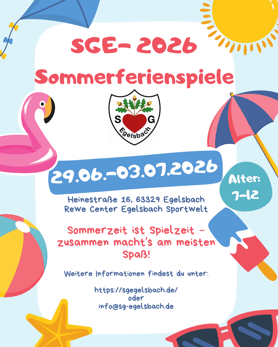 Plakat für die Sommerferienspiele 2026 in Egelsbach mit Daten, Ort und Altersangabe. Bunte Illustrationen wie Flamingo und Sonnenschirm.