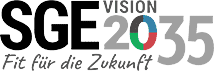 Logo mit der Aufschrift "SGE VISION 2035" und dem Untertitel "Fit f&uuml;r die Zukunft" in verschiedenen Schriftarten und Farben.