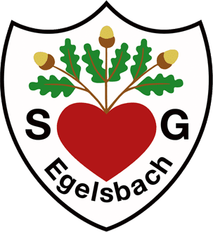 Wappen der S.G. Egelsbach mit einem roten Herz, Eichenbl&auml;ttern und Eicheln auf einem wei&szlig;en Hintergrund.