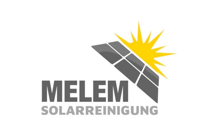 Logo von Melem Solarreinigung: Stilisiertes Solarpanel mit Sonne &uuml;ber grauem Schriftzug &bdquo;MELEM SOLARREINIGUNG&ldquo;.