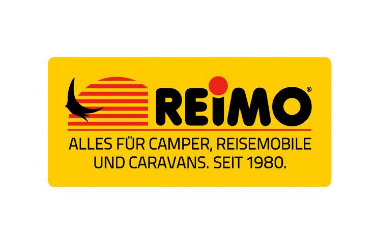 Logo von Reimo mit Slogan &bdquo;Alles f&uuml;r Camper, Reisemobile und Caravans. Seit 1980.&ldquo; auf gelbem Hintergrund.