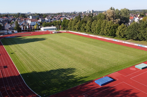 Luftaufnahme eines Sportplatzes mit gr&uuml;nem Rasen, umgeben von einer Laufbahn und B&auml;umen im Hintergrund.