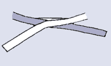 Verschlungene, farbige B&auml;nder in Form einer asymmetrischen Kreuzung auf hellem Hintergrund.