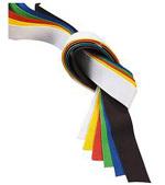 Bunte Karate-G&uuml;rtel in einer Schleife, angeordnet von wei&szlig; &uuml;ber gelb, gr&uuml;n, blau bis schwarz.