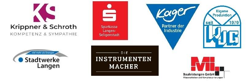 Logos verschiedener Unternehmen, darunter Krippner & Schroth, Stadtwerke Langen und die Instrumentenmacher auf hellem Hintergrund.