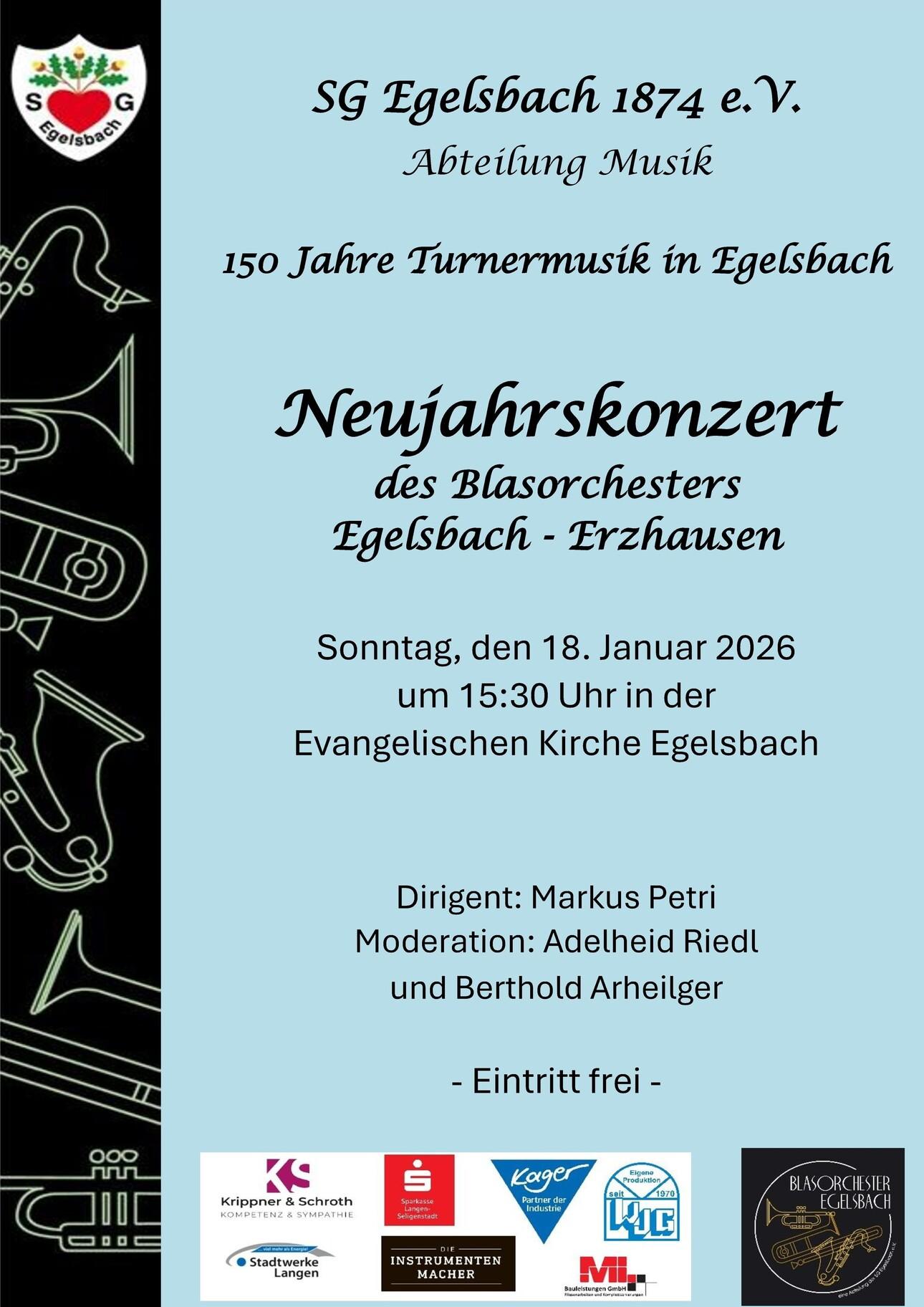 Plakat f&uuml;r das Neujahrskonzert des Blasorchesters Egelsbach-Erzhausen am 18. Januar 2026 in der Evangelischen Kirche.