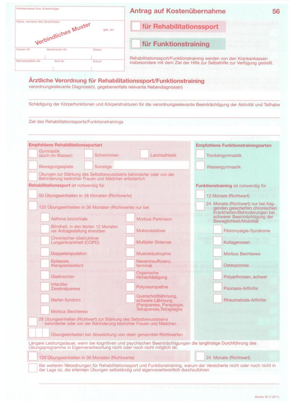 Formular für Kostenübernahme von Rehabilitationssport und Funktionstraining mit ausgefüllten Feldern und Diagnosen.