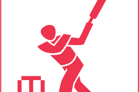 Vereinfachte Grafik eines Cricketspielers, der mit einem Schläger auf ein Wicket zielt.