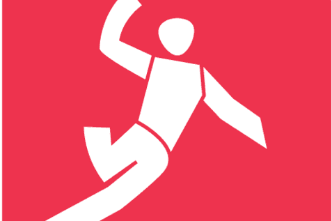 Silhouette eines Handballspielers in Sprungbewegung, mit Ball in der Hand, auf rotem Hintergrund.