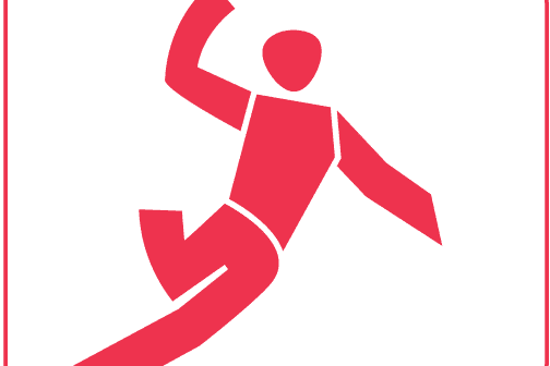 Rote stilisierte Figur, die einen Ball wirft, auf weißem Hintergrund.