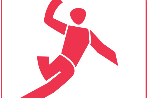 Rote stilisierte Figur, die einen Ball wirft, auf weißem Hintergrund.