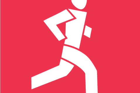 Minimalistische weiße Silhouette einer Person beim Laufen, in dynamischer Vorwärtsbewegung, auf rotem Hintergrund.