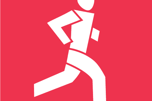Minimalistische weiße Silhouette einer Person beim Laufen, in dynamischer Vorwärtsbewegung, auf rotem Hintergrund.