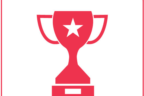Minimalistische rote Darstellung eines Pokals mit zwei Henkeln und einem Stern in der Mitte, auf weißem Hintergrund.