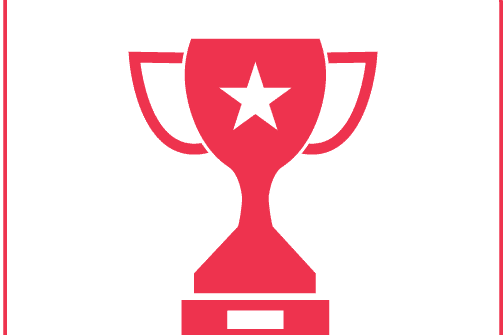 Minimalistische rote Darstellung eines Pokals mit zwei Henkeln und einem Stern in der Mitte, auf weißem Hintergrund.