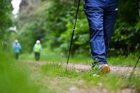 Nahaufnahme eines wandernden Fußes mit Trekkingstock auf einem schmalen Weg, im Hintergrund zwei weitere Personen.